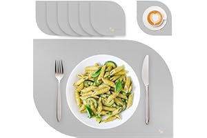 BW BLACKWHITE STORE Blackwhite Store Tischsets Abwaschbar Wasserdicht PU Kunstleder Platzset Abwischbar Lederoptik Grau 6er-Set 2 Ecken Untersetzer-Set 43x30cm 10x10cm Platzdeckchen Leder für Home Hotel & Restaurant