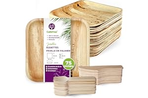 GOBETREE Vaisselle jetable 75 pièces, 25 assiettes carrées en feuille de palmier, ensemble de couverts en bois de bouleau de 25 fourchettes et 25 couteaux, vaisselle biodégradable
