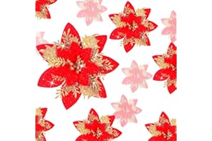 GEOSAR 36 Stück Glitzer Künstlich Weihnachtsstern Blumen Weihnachten Poinsettie Künstlich Hochzeit Blumen Dekoration Weihnachtsbaum Ornamente mit Clips, 6 Zoll, 4 Zoll, 3 Zoll (Rot und Gold)