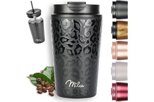 Milu Thermobecher 400ml - 100% Auslaufsicher - Edelstahl Kaffeebecher to go isoliert mit Strohhalm hält 10h heiß / 20h kalt, BPA-frei (Black Leopard, 400ml)