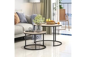 BOFENG Round Coffee Tables Set of 2 Stacking End Side Tables with Sturdy Steel Metal Frame, Living Room Tables,Sofa Tea Table for Small Space,Natural Oak