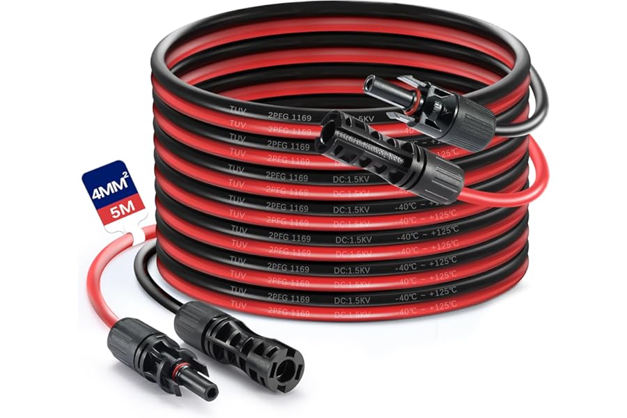 Solar Panel Extension Cable,5m 4mm² Solar Extension Cable IP68 Waterproof 12AWG Solar Cable with Female and Male Connectors,Solar Panels Photovoltaic Systems (Red + Black)(4mm²/5m)