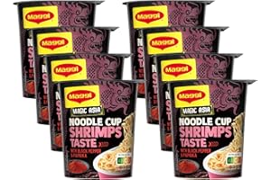 ‎MAGGI MAGGI Magic Asia Noodle Cup Shrimps, Instant Nudel-Snack, asiatisches Fertiggericht, mit Shrimp-Geschmack, scharf gewürzt, 8er Pack (8x64g)