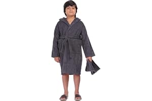 ALLEN & MATE Children 100% Cotton Hooded Bathrobe for Kids Boys Girls Soft Terry Towel Dressing Gown 2-13 Years