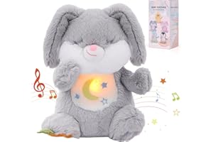 Edencomer Peluche che respira - pupazzo che respira con simulazione di respirazione, musica e luce notturna, coniglio che respira per accompagnare i bambini a dormire