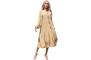 R.Vivimos Women's Casual Bohemian Print Neck Tie Long Sleeve Beach Style Long Midi Dress Vacation Dress