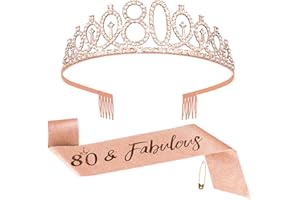 Fowecelt 80th Birthday Sash Tiara - Rose Gold Birthday Queen Tiara and Sash for Women, Rhinestone Crowns Kit for 80th Birthday Gifts, Crystal Tiara Satin Sash for 80th Birthday Party