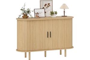 HOMCOM Aparador con Puertas Tambour Deslizantes, Aparador para Salón Moderno, con 4 Compartimentos y Patas de Madera, para Cocina, Entrada, Dormitorio, Roble, 120x40x78 cm