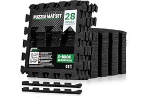 unycos - Esterilla Fitness Puzzle para Suelo de Gimnasio【30x30x1 cm】 Set de Protección de Espuma EVA, 28 Losas, Alfombra Expandible, Tatami para Pisos | Impermeable, No Tóxica (Negro)