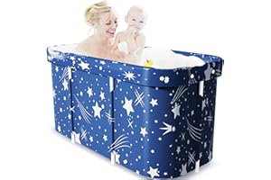 Adoture Portable Bathtub, Foldable Soaking Bath Tub for Adults, Freestanding Bathtub with Cushion and Backrest for Shower Stall, Ideal for Hot Water Bath Ice Water Bath, Starry Blue