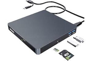 HATOKU Lecteur CD DVD Externe, Portable Transmission Rapide Graveur CD DVD Externe avec Lecteur de Carte SD TF et 2 Ports USB 3.0 pour Windows 11/10/8/7/Ordinateur Portable/PC/Linux/Macbook/iMac(Gris)