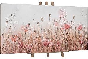 YS-Art Abstrakt Acryl Gemälde auf Leinwand April handgemalt Wandbilder Wohnzimmer modern Wohndekor Bilder Büro Praxis Beige Mohn Blumen echte Kunst 100x50 cm