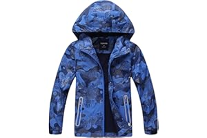 Fewlby Ragazzi Giacca Impermeabile con Cappuccio, Giacca a Vento Bambino Impermeabile con Cappuccio Cappotto Foderato in Pile Capispalla 7-8 Anni