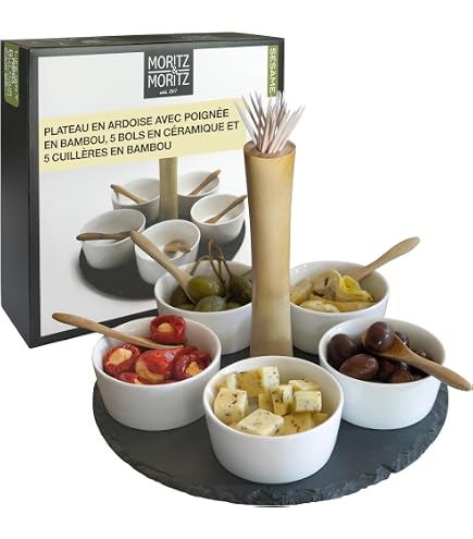 Set Apéritif Secret De Gourmet 7 Pièces - Céramique Blanc Floral, Plateau Bambou