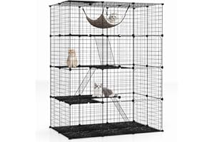 COSTWAY 3/4 Tier Cat Cage, Indoor Large Cats Enclosure with Hammock, Ladders, Doors, 1 Sky Window, Detachable Metal Wire Crate Kennel for Small Animal (Black, 109 x 74 x 143cm)