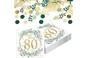 Yamitora 40 Stück Servietten 80. Geburtstag, Eukalyptus Motiv Papierservietten mit Konfetti Geburtstag Tischdeko für 80 Geburtstag Mann Frau Geburtstag Party Deco