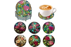 HEIBAGO 6 Pcs Diamond Painting Dessous de Verre pour Débutants, DIY Rond Rose sous-Verres Art de Diamant avec Support, Fleurs Kits de sous-Verres en Diamant pour la Décoration Murale