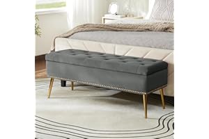 HULALA HOME Modern Velvet Storage Bench Box Ottoman with Gold Base & Nailhead Trim, Upholstered Bedroom Bench for End of Bed, Button-Tufted Footstool for Entryway Living Room Dining Room, Grey