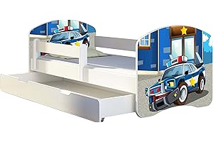 ACMA Kinderbett Jugendbett mit Einer Schublade und Matratze Weiß II 140 160 180 40 Design (180x80 cm + Bettkasten, 38 Polizei)
