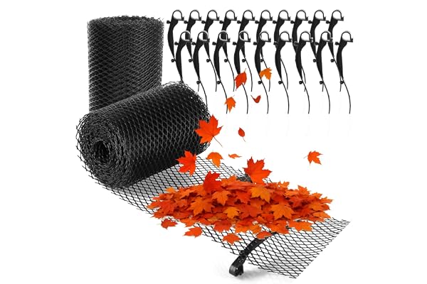 COM-FOUR® Rouleau de 16 mètres de Protection de gouttière pour Maison, abri Voiture, écurie avec 20 Pinces - découpable - kit de Protection de gouttière (Lot 4 - Rouleau 16 m / 20 Clips)