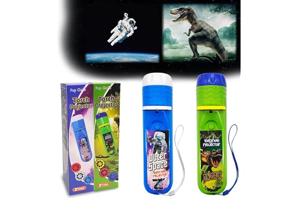 Pup Go Pack de 2 Torches et Projecteurs Dinosaures & Espace Cosmique, 6 disques et 48 Images, Jouets Dino Cool pour Garçons et Filles, Lampe de Poche Scientifique, pour Enfants 3+