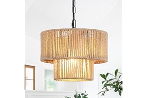 LWYTJO Rattan Pendant Light, 2 Tier Boho Hanging Lights, Hand-Woven Wicker Lampshades for Ceiling Lights, Rattan Lampshade Pendant Light Fitting for Kitchen Island Dining Room Bedroom Living Room