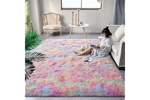 DweIke Fluffy Modern Area Rugs for Living Room Bedroom, 4x6 ft Plush High Pile Rainbow Rug for Kids Girls Room Nursery Home Decor, Upgrade Non-Slip Girls Bedroom Soft Indoor Rug, Rainbow