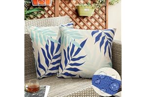 HANRUNSI 2 Piezas Fundas de Cojín Impermeables Almohadas Fundas de Cojines Lino para Exterior Salón Cama Silla Habitación Balcón Jardín Sofá Oficina Terraza Dormitorio 45x45 cm Azul Floral Hoja Cojines