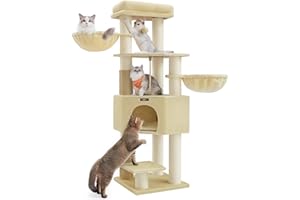 Feandrea Cat Tree for Large Cats, Heavy-Duty Cat Tower with Warm Pads, 2 Self-Groomers, 9 Scratching Posts, Large Perch, Cave, Baskets, 50 x 50 x 160 cm, Sand Beige and Beige PCT003Y01