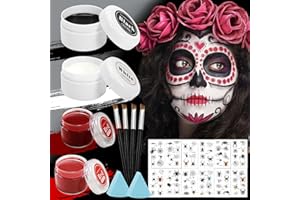 FFTANXS Maquillage Halloween Blanc Schwarz Rot Pour Visage, Kit Maquillage Zombie Clown Halloween Makeup, Kit de Maquillage Enfant Adulte avec 4 Pinceaux de Maquillage et Autocollant Halloween Visage