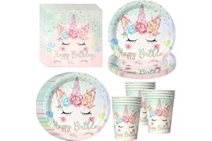 PYAILI Lot de 52 pièces thème licorne Assiettes, gobelets et serviettes pour fêtes d'anniversaire, pour 16 invités