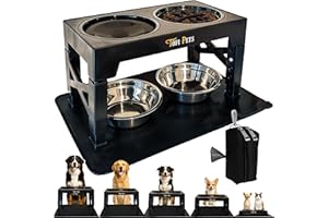 TOFI PETS Comedero Perro Elevado 5 Alturas | Bebedero y Comederos para Perros Acero 2 x 1200 ml, Comedero Lento para Perros, Bebedero Antigoteo, Alfombra Silicona + Porta Bolsas Paseo | 4 Cuencos