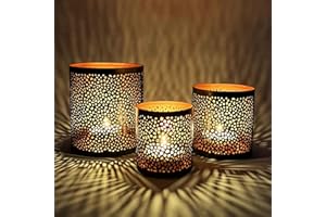 MARRAKESCH ORIENT & MEDITERRAN INTERIOR Zestaw 3 orientalnych lampionów z ochroną przed wiatrem, 14 cm, orientalne świeczniki w stylu vintage, kolor miedziany, do wewnątrz i na zewnątrz, marokańskie lampiony z metalu jako dekoracja