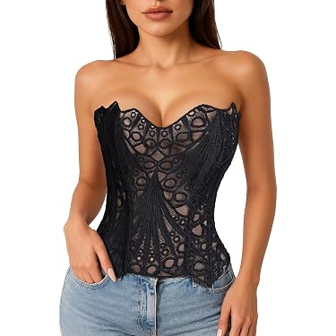 Corset Broderie Classique Dentelle Noire – Bustier Gothique Push-up à Lacets – Serre-Taille Sexy Femme