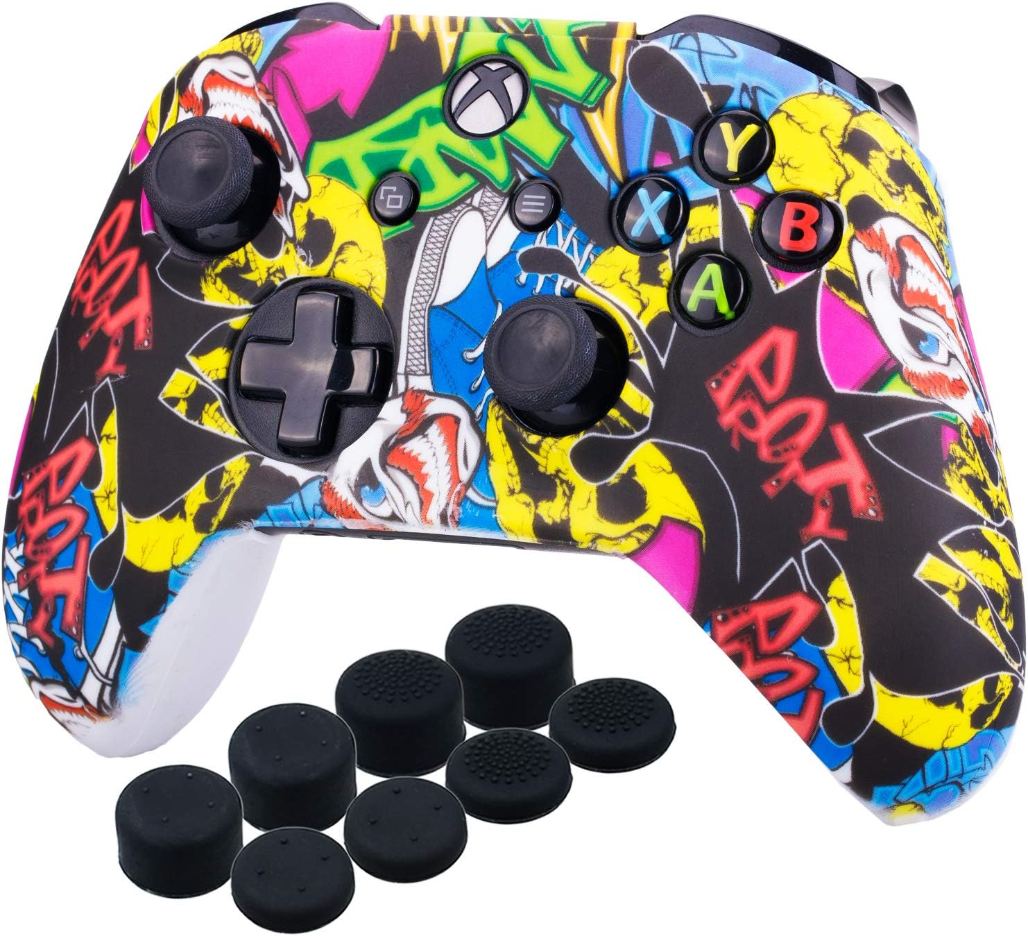 Yorha Impresión Caucho de Silicona Funda Skin Case Carcasas Piel para Xbox One S/X Mando Controller x 1 (Calavera comica) con Agarres para el Pulgar Thumb Grip Pro x 8