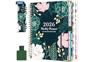 NEYSA Agenda 2026 Semainier Spirale de Janvier à Décembre 2026 (12 mois) A5 Agenda Scolaire Avec boucle de stylo,Règle Signet & Autocollants de plan (Vert et rosa)