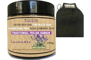 Savon Noir Gommage 250g+ gant de gommage offert à l'huile d'Olive et l'huile essentielle de lavande; 100% NATUREL Hammam et Spa: peau douce et hydratée MAROC GLAM