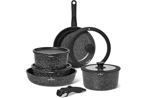 JUST PERFECTO HOUSEHOLD APPLIANCES Just Perfecto Lot Casseroles et Poêles 11 Pièces - Poêle à Frire 20cm/26cm, Casserole 18cm/20cm, Sauteuse 26cm, Induction, Poignée Amovible, Revêtement Antiadhésif, Couvercles Antiprojections Black