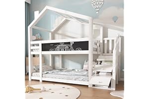 Kehun Etagenbett Kinderbett 90 x 200, Hausbett für 2 Kinder, Hochbett mit Holz Lattenrost und Schublade, Holzbett mit Schwarzes Zeichenbrett, Bett mit Rausfallschutz und Treppe, Weiß, Ohne Matratze.