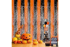EMHTHME 2 Stück Halloween Lametta Vorhang, Lametta Vorhänge Schwarz Orange, Glitzer Tinsel Curtain, Vorhänge Halloween Party, für Halloween Deko Geburtstagsfeier Hintergrund (1 x 2m,Schwarz+Orange)