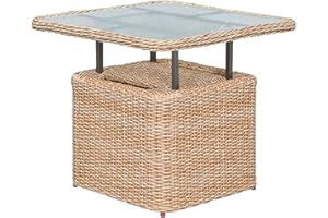 gartenmoebel-einkauf Loungetisch Veneto 72x72cm, Stahl + Polyrattan Natur, höhenverstellbar, Tischplatte Glas