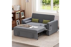 Jooli H 2 Seater Sofa Bed, 3-in-1 Convertible Fabric Pull Out Sleeper Sofa with 3-Position Adjustable Backrest, Side Pockets and USB for Living Room, Guest Room, Dark Grey