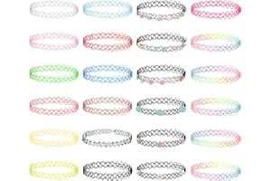 Fanshiontide 24 Pcs Neon Choker Necklace Set,Elastic Stretch Colorful Lace Tattoo Chain Rainbow Bracelets for Women and Girls