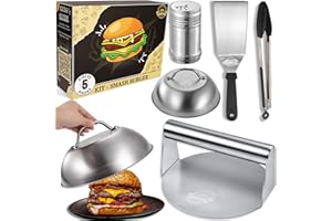 Raiv Global Kit Smash Burger in Acciaio Inossidabile - Pressa Hamburger Professionale + Spatola da Cucina + Pinzette + Porta Smash + Coperchio Smash - Ideale per Creare Smash Burguer