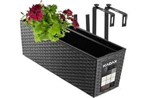 ‎KADAX KADAX Blumenkasten aus Kunststoff, 18,5x56 cm, Pflanzkasten mit Einsatz, wetterfester Balkonkasten, rechteckiger Blumentopf, Blumenkübel Outdoor (Mit Halterungen, Rattanmuster, Schwarz)