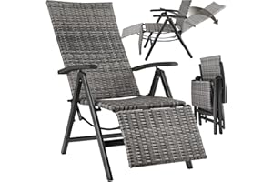 TecTake Poltrona da giardino pieghevole con poggiapiedi braccioli e schienale reclinabile per salotto da giardino esterno in rattan e alluminio, chaise longue mobili per amenagement balcone