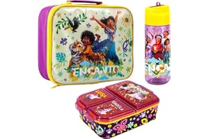 Zawadi Global Encanto - Juego de lonchera para niños, bolsa de almuerzo aislada, lonchera multicompartimento y botella de agua de 540 ml, juego de comida para viajes escolares, sin BPA