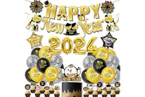 WLKQY Silvester Deko 2024 Schwarz Gold, Neujahr Deko 2024 Happy New Year Banner, 2024 Folienballon Konfetti Luftballons Happy New Year Cake Topper, 2024 Neujahrsdeko Party Deko Set für Silvesterparty