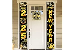 HOWAF Neujahr Party Dekorationen Silvester Deko 2025 Schwarz und Gold, Happy New Year Banner Hello 2025 Banner Willkommen Veranda Zeichen für Neujahrsdeko, Silvesterpartydeko