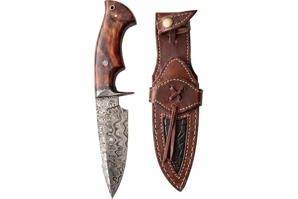 BIGCAT ROAR 10″ PATENTERAD Handgjord Damascus Jaktkniv med Läderskynke - Idealisk för Skinnning, Camping, Utomhus - EDC Fastblad Bushcraft Kniv med Valnötsträshandtag - Predatorjägare